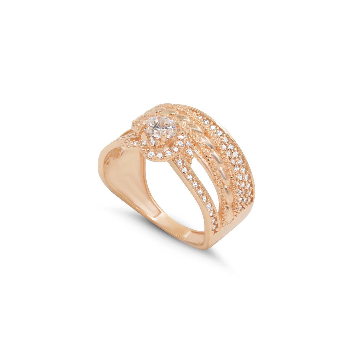 Rožinio aukso žiedas su baltu cirkoniu centre ir dekoratyvinėmis juostomis, inkrustuotomis baltais akmenukais