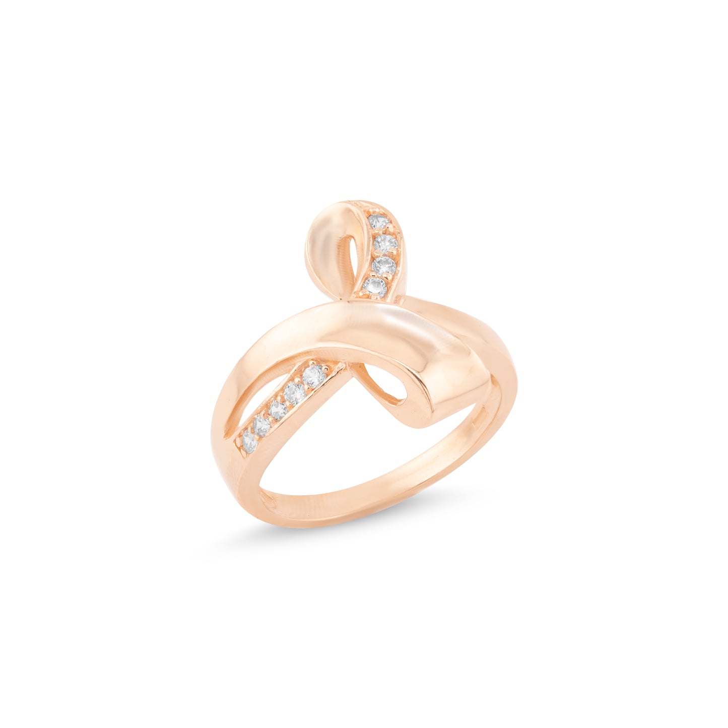 Rožinio aukso žiedas su unikaliomis lenktomis linijomis ir cirkoniais